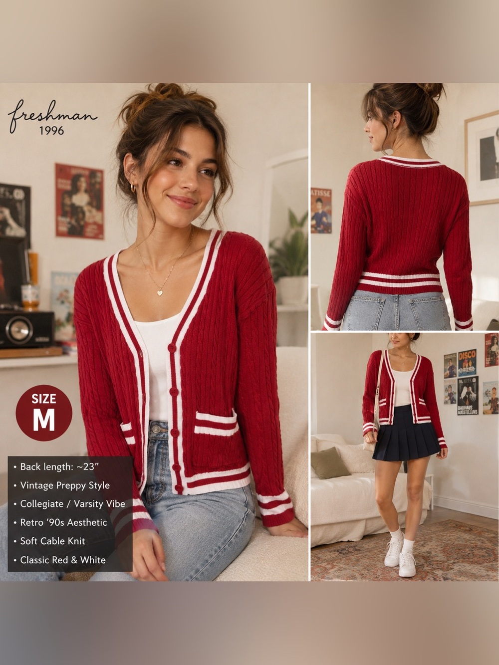 Freshman 1996 Red Varsity V-Neck Cable Knit Cardigan with White Trim Size Medium